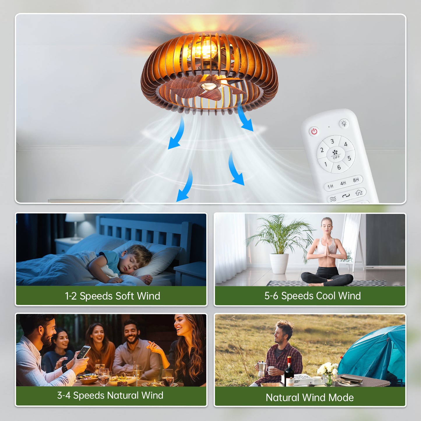 20" Walnut Caged Flush Mount Ceiling Fan with Remote - view 3