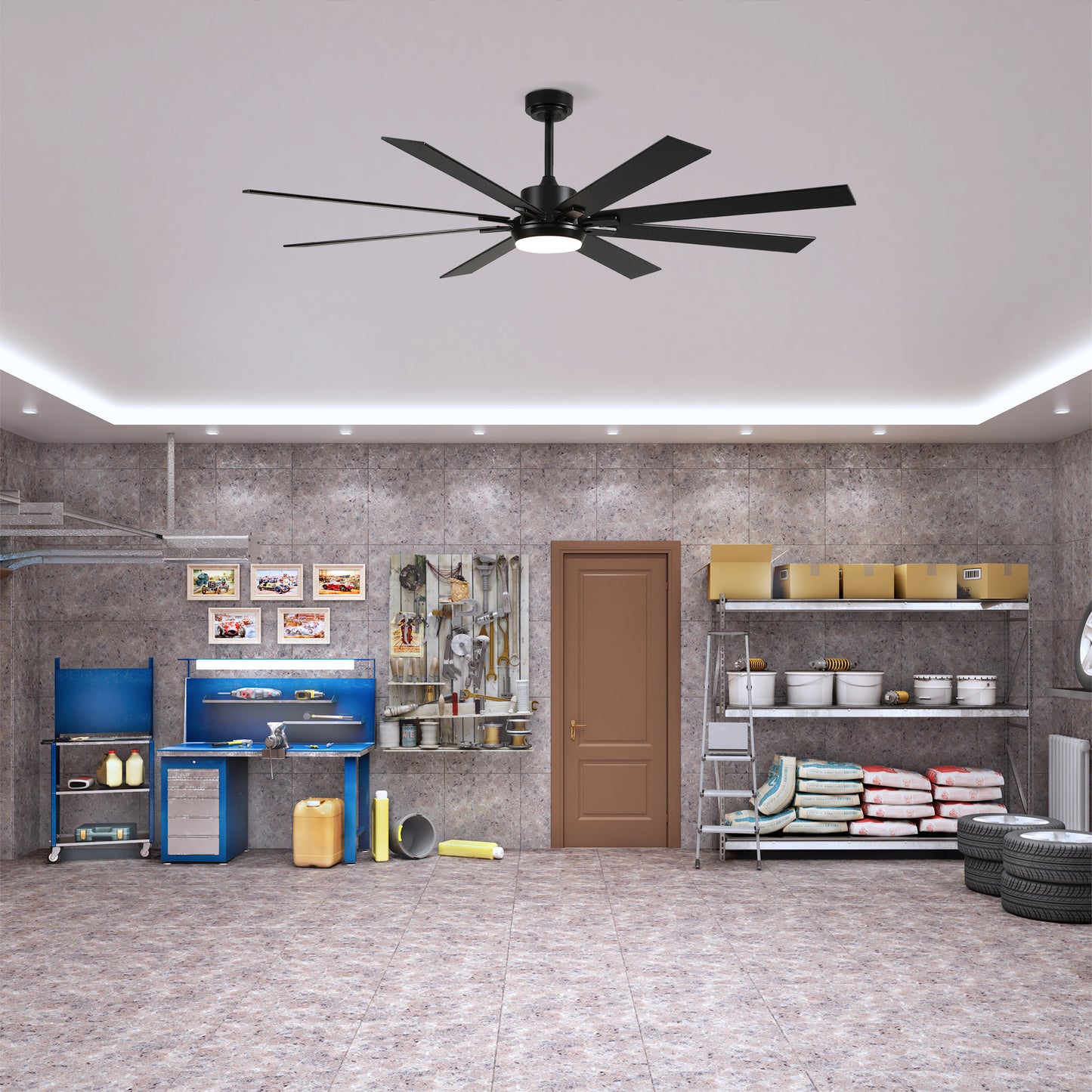 72" Matte Black 8-Blade Ceiling Fan with Dimmable LED - view 9