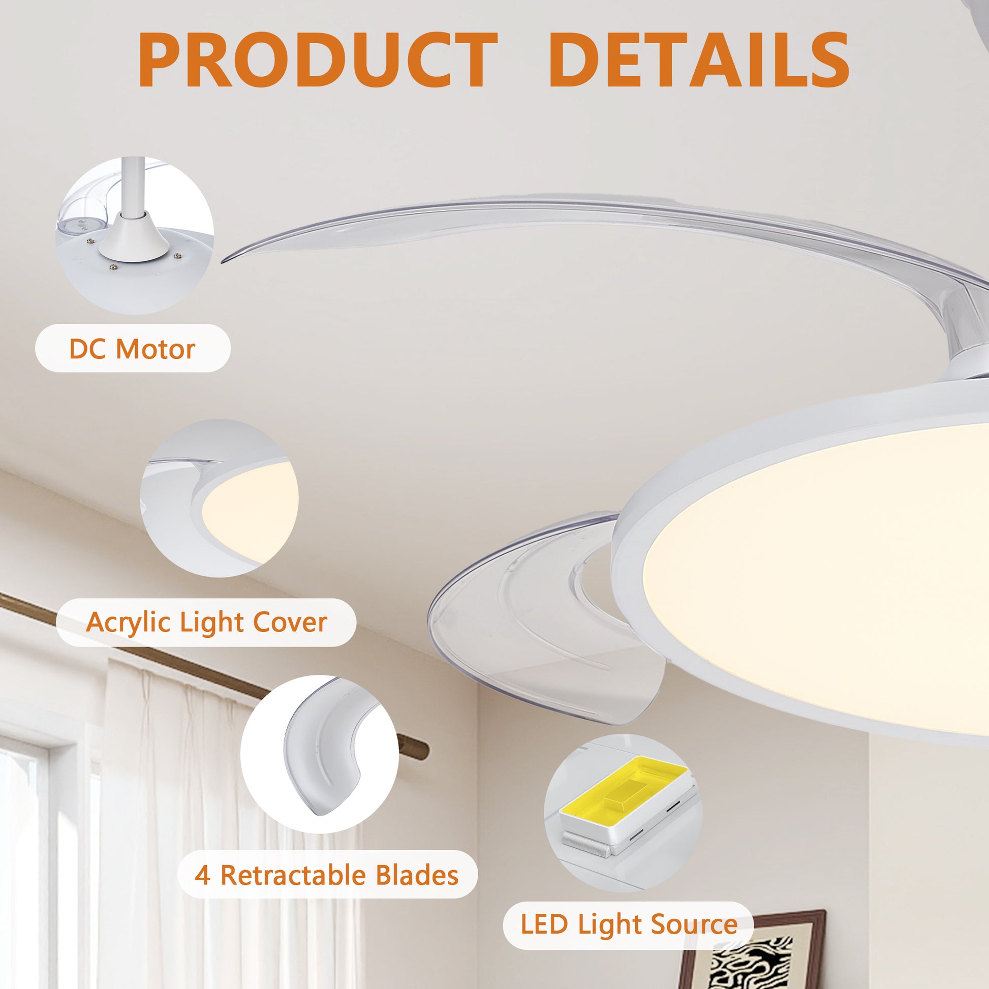 42" White Retractable Flush Mount Ceiling Fan with Remote - view 5