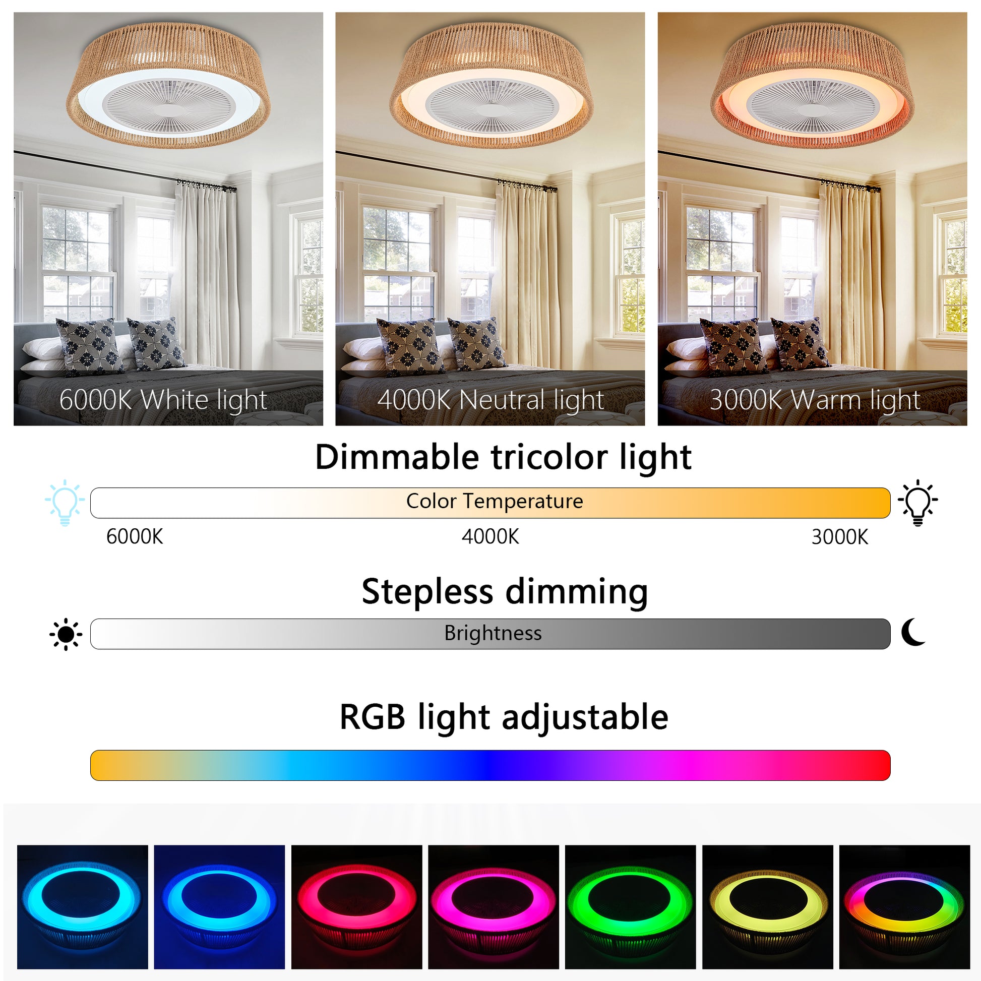 21" White Rope Woven Ceiling Fan with RGB LED - view 5