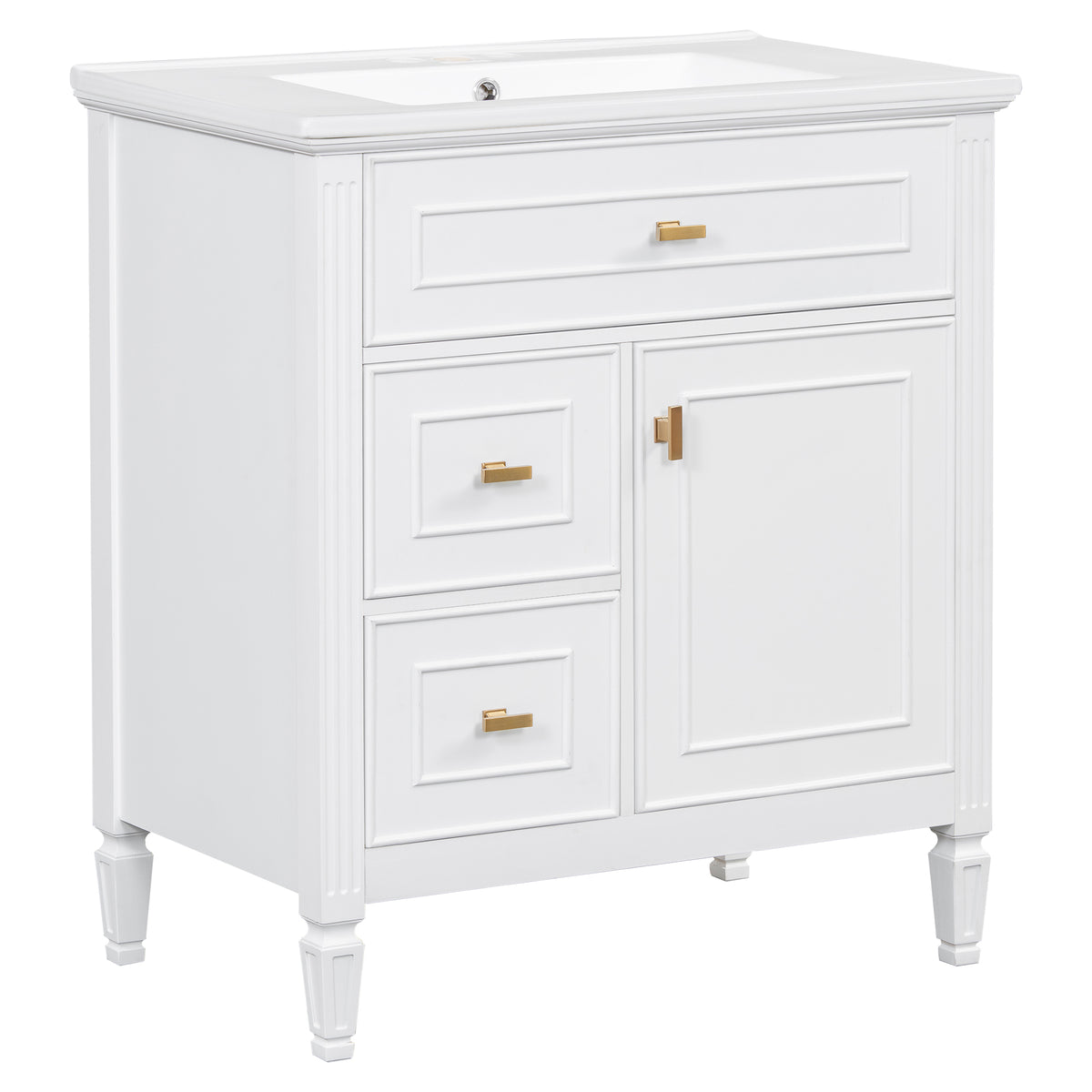 30" White Bathroom Vanity with Sink, 3 Drawers & Gold Handles