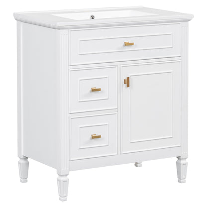 30" White Bathroom Vanity with Sink, 3 Drawers & Gold Handles