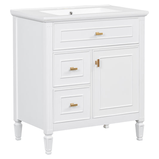 30" White Bathroom Vanity with Sink, 3 Drawers & Gold Handles