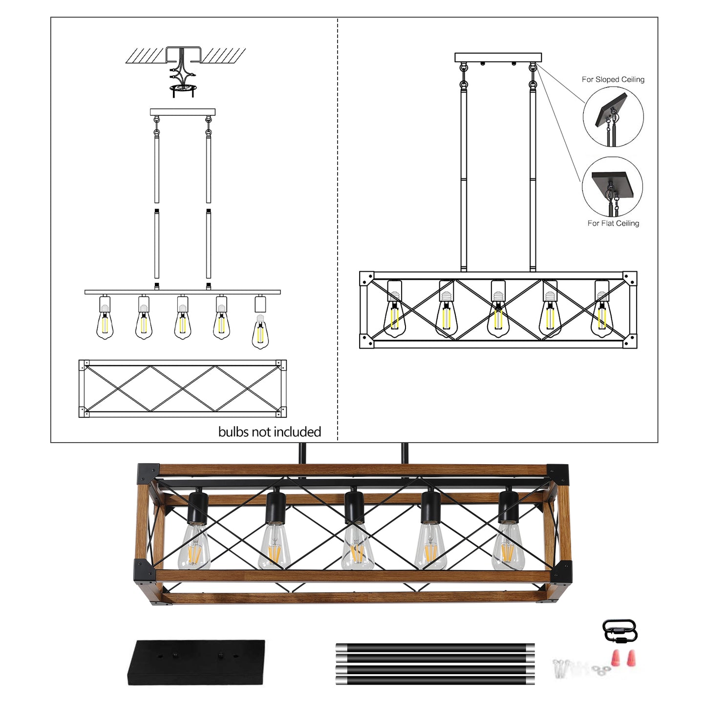 32" 5-Light Walnut Farmhouse Rectangle Chandelier - view 7