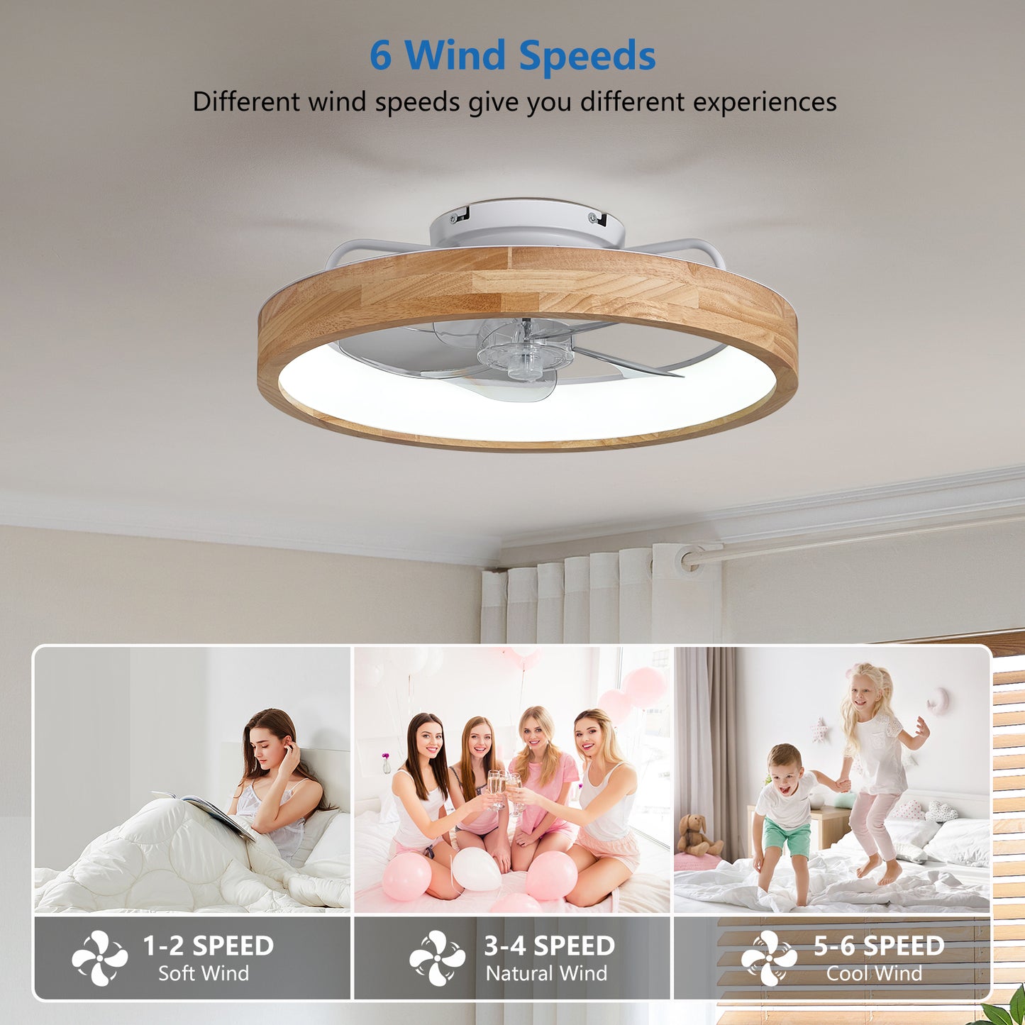 20" Wood Low Profile Flush Mount Ceiling Fan with Dimmable LED - view 3