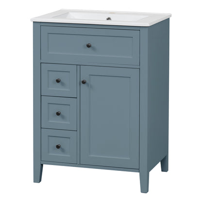 24" Blue Gray Bathroom Vanity with Ceramic Sink and 4 Drawers