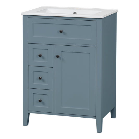 24" Blue Gray Bathroom Vanity with Ceramic Sink and 4 Drawers