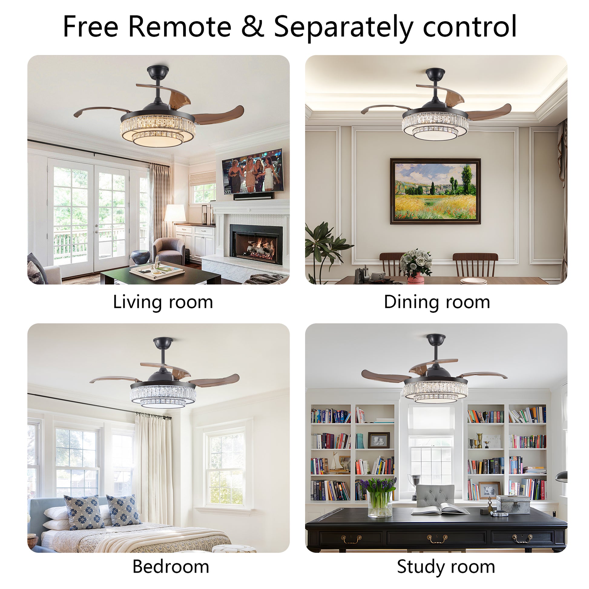 48" Black Crystal Retractable Ceiling Fan with Remote - view 2