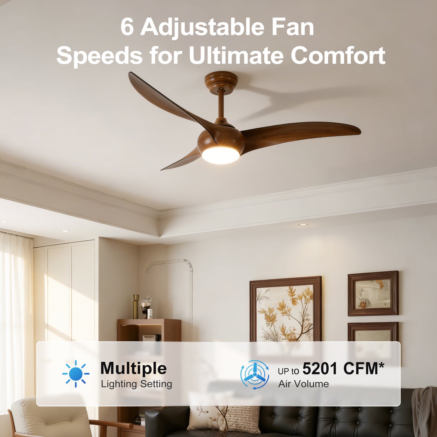 52" Wood Finish Ceiling Fan with LED Light and Remote - view 8