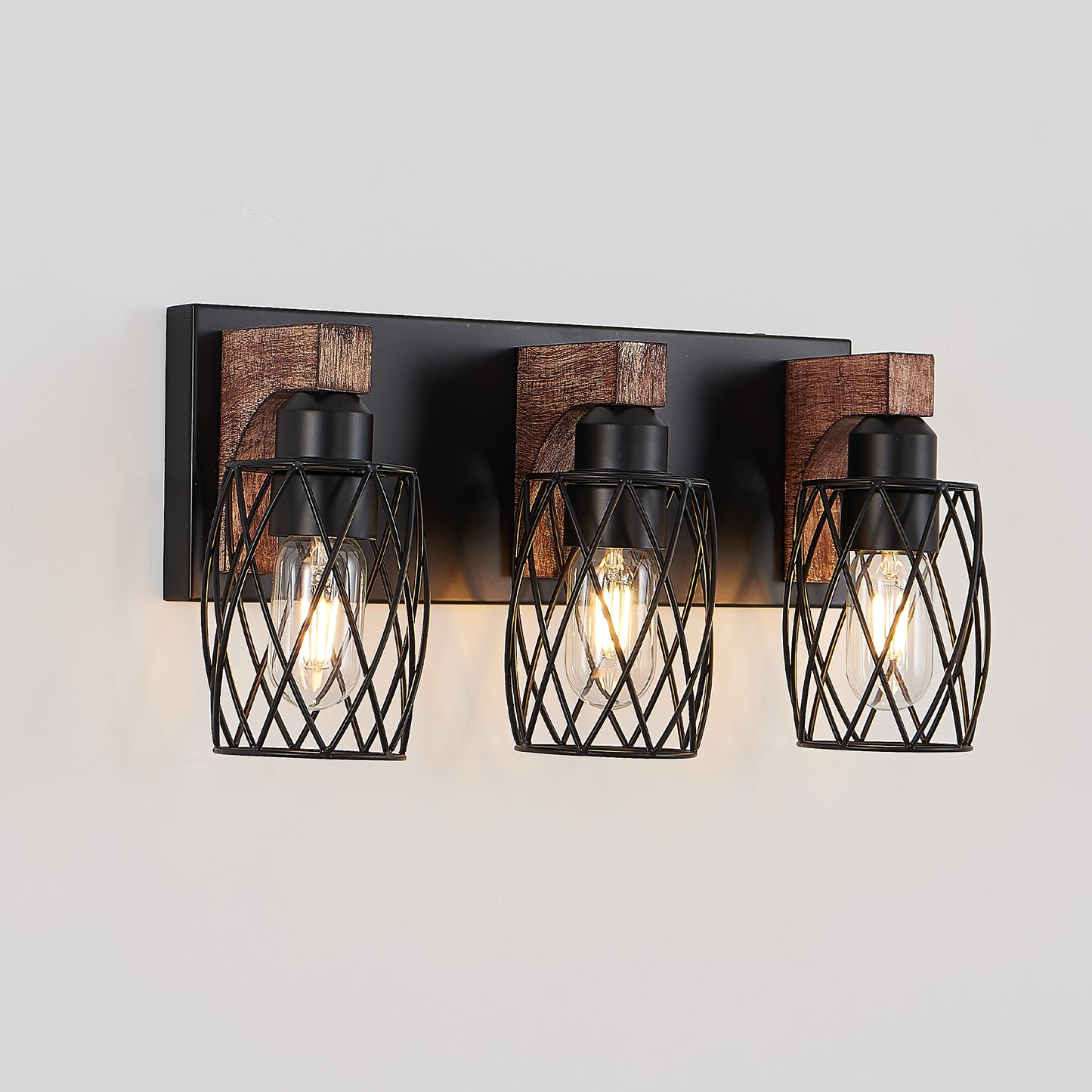 18" 3-Light Black Caged Wall Light with Wood Accents - view 10
