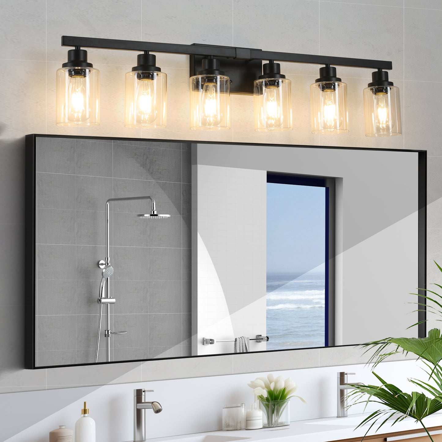 37" 6-Light Black Vanity Light with Clear Glass