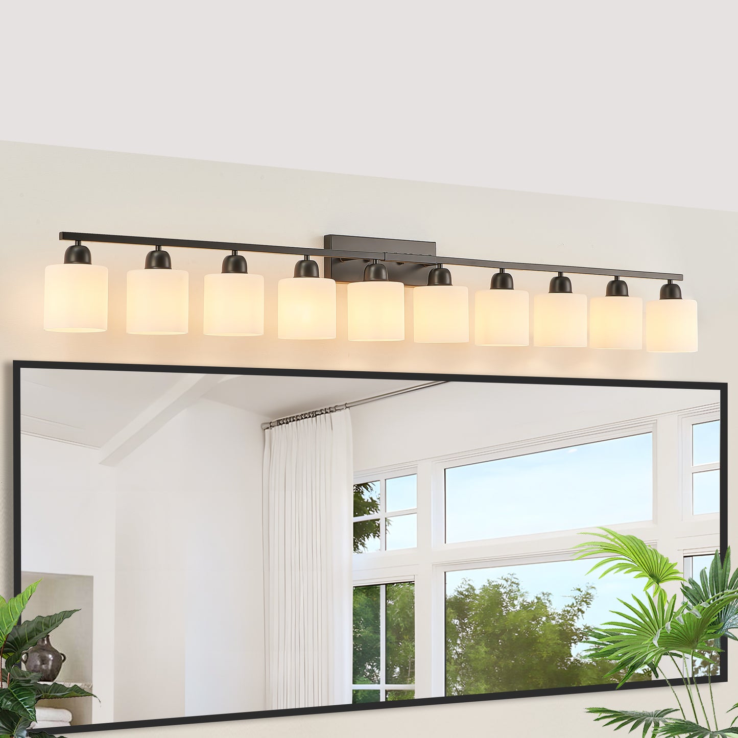 65.4" 10-Light Black Vanity Wall Light with White Glass - view 5
