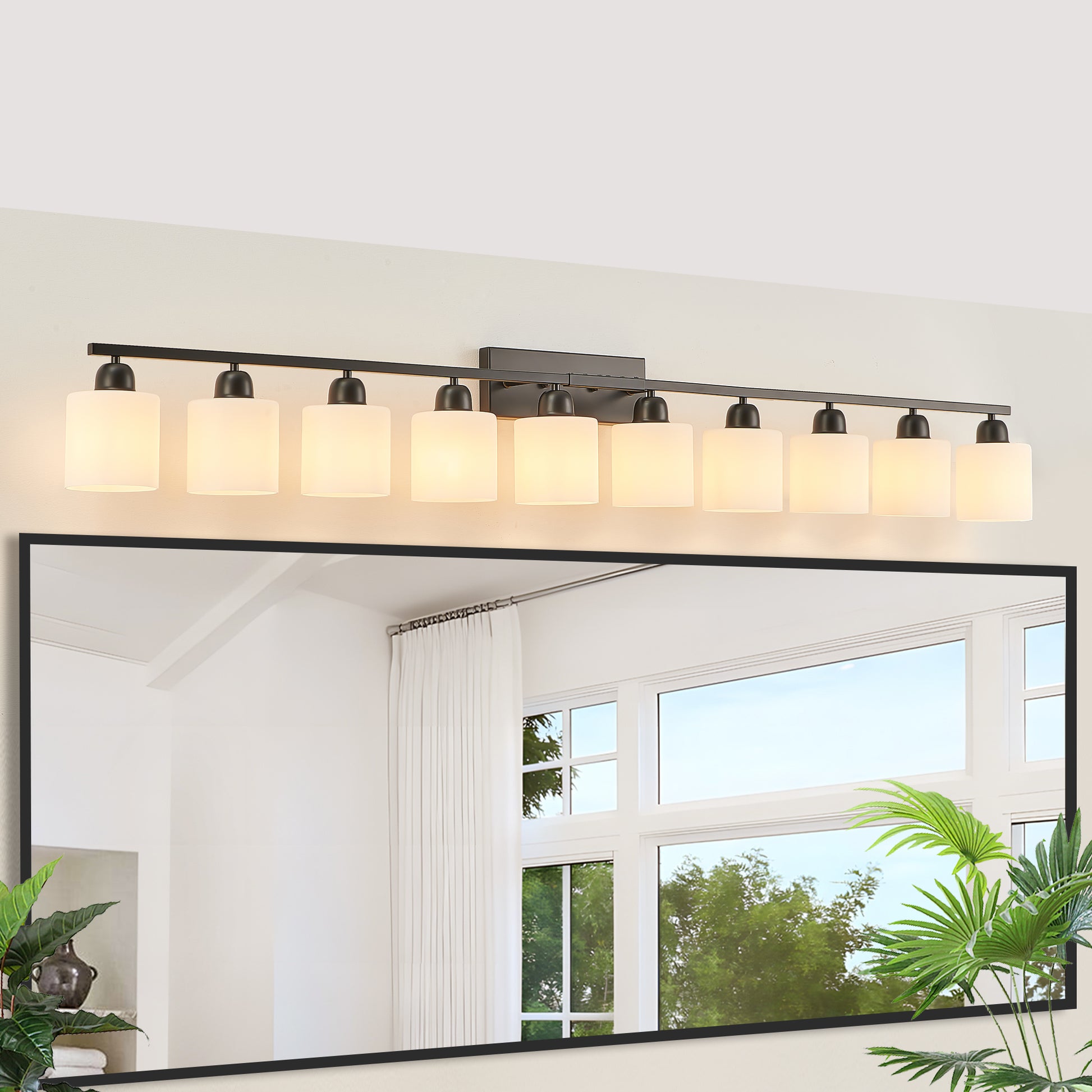 65.4" 10-Light Black Vanity Wall Light with White Glass - view 5