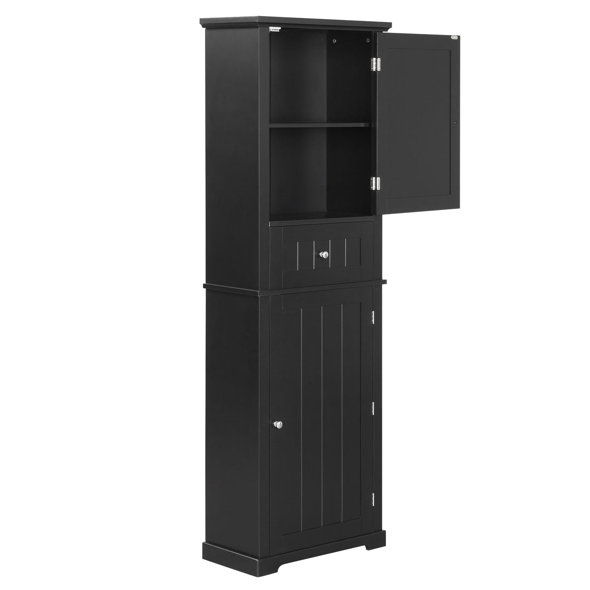 67" Black Slim Bathroom Storage Cabinet with Drawer
