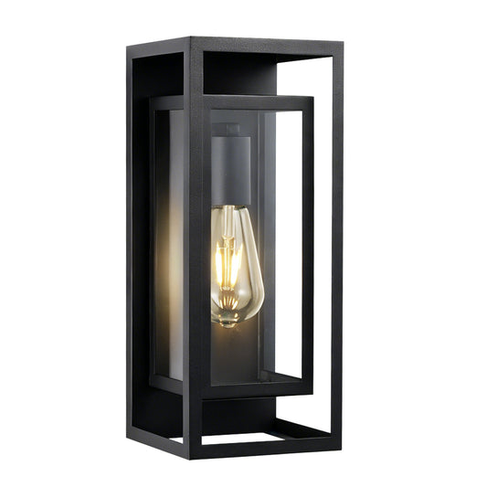 14" Black Outdoor Wall Lantern with Clear Glass, Set of 2