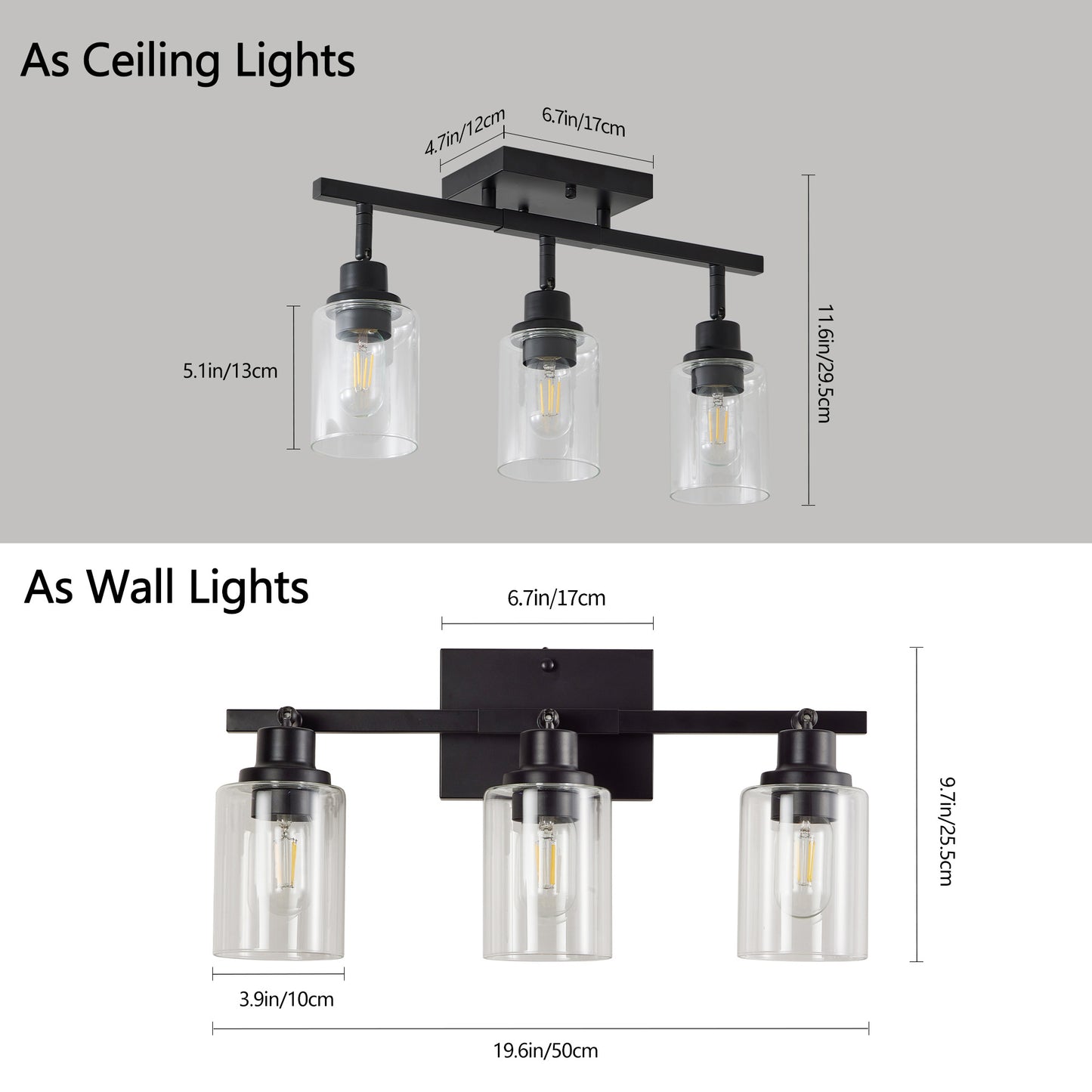 3-Light Black Semi Flush Mount Ceiling Light with Clear Glass - view 8