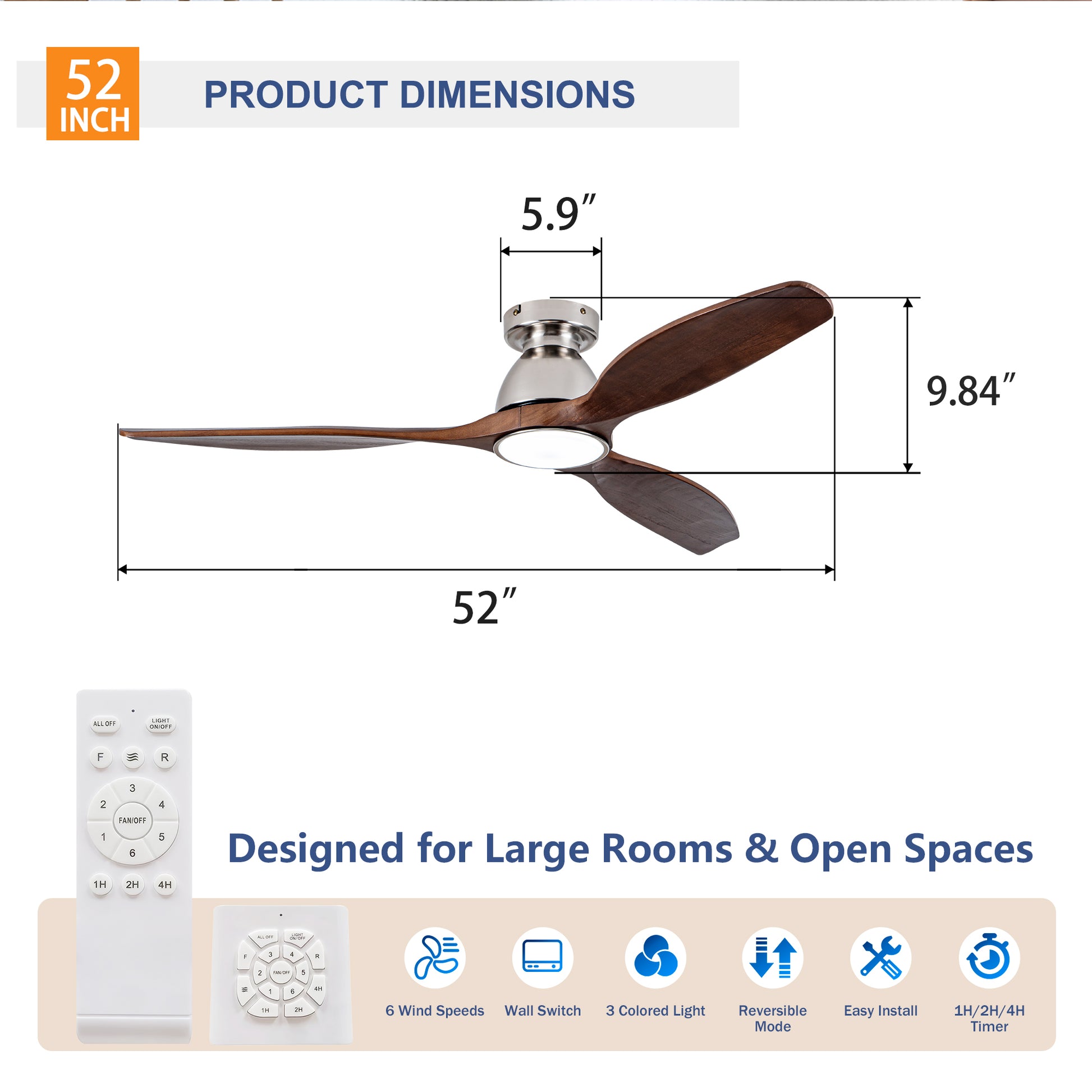 52" Walnut Solid Wood Flush Mount Ceiling Fan - view 7