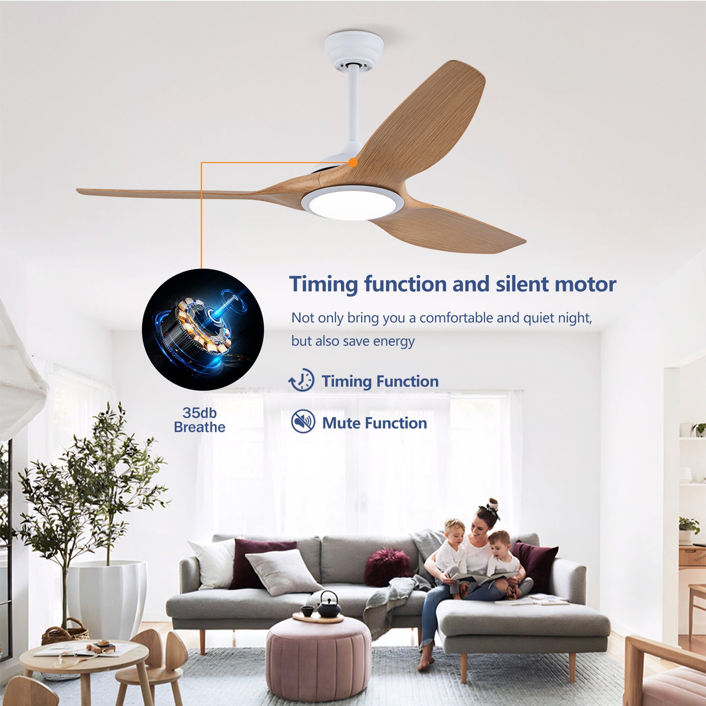 52" Matte White & Natural Wood Ceiling Fan with Remote - view 10