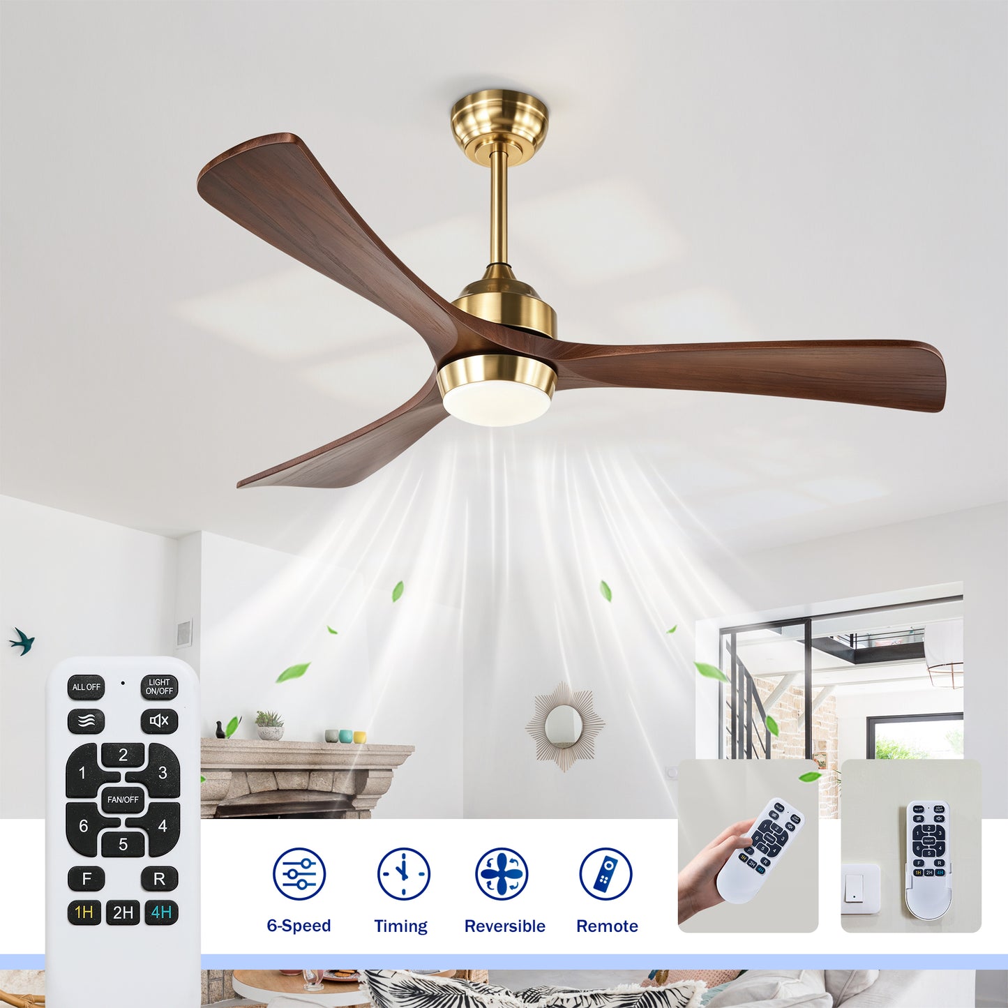 52" Gold Solid Wood Ceiling Fan with Remote - view 11