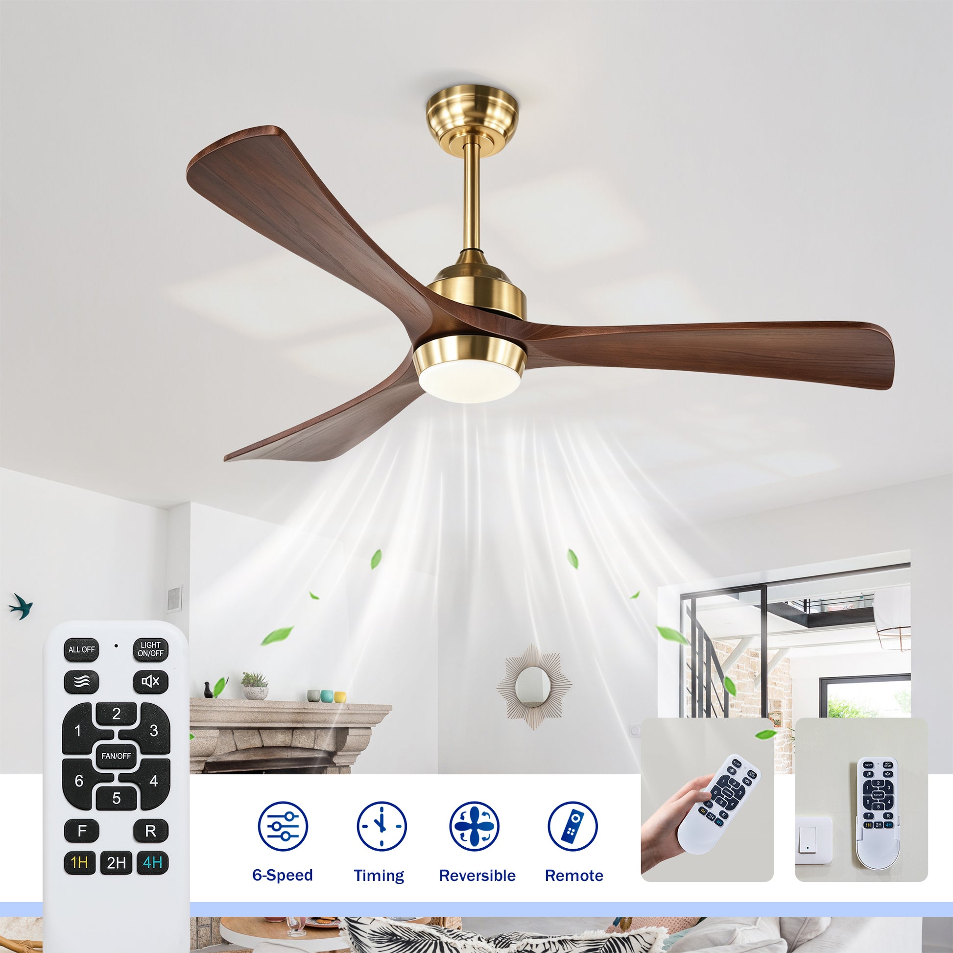 52" Gold Solid Wood Ceiling Fan with Remote - view 11