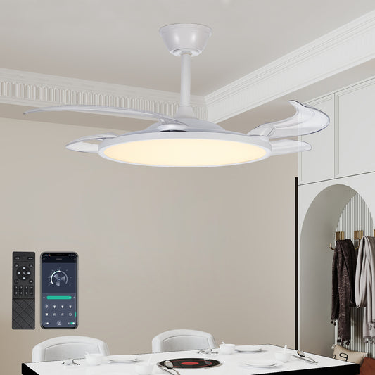 42" White Retractable Flush Mount Ceiling Fan with Remote