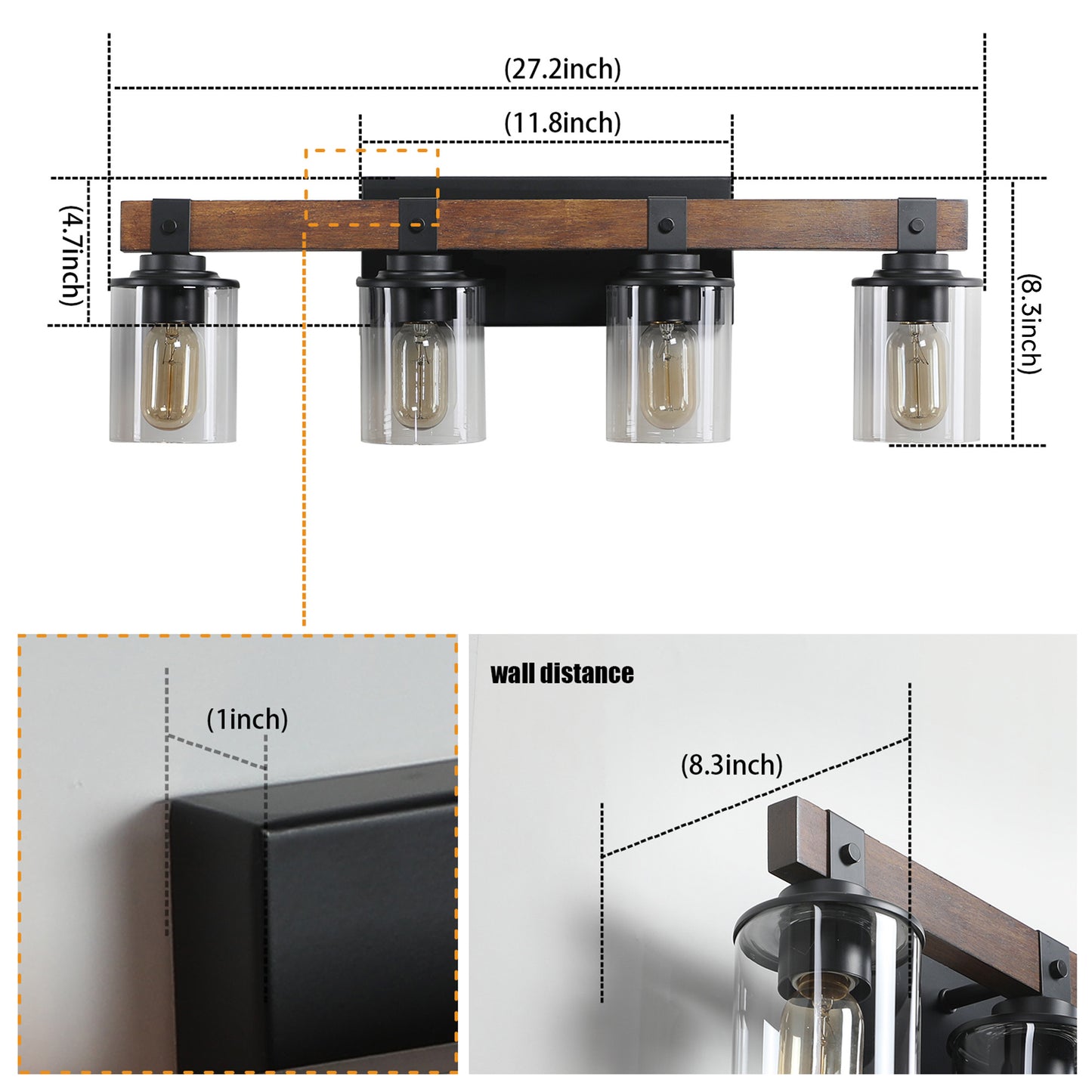 27" 4-Light Farmhouse Vanity Light with Wood Accents - view 9