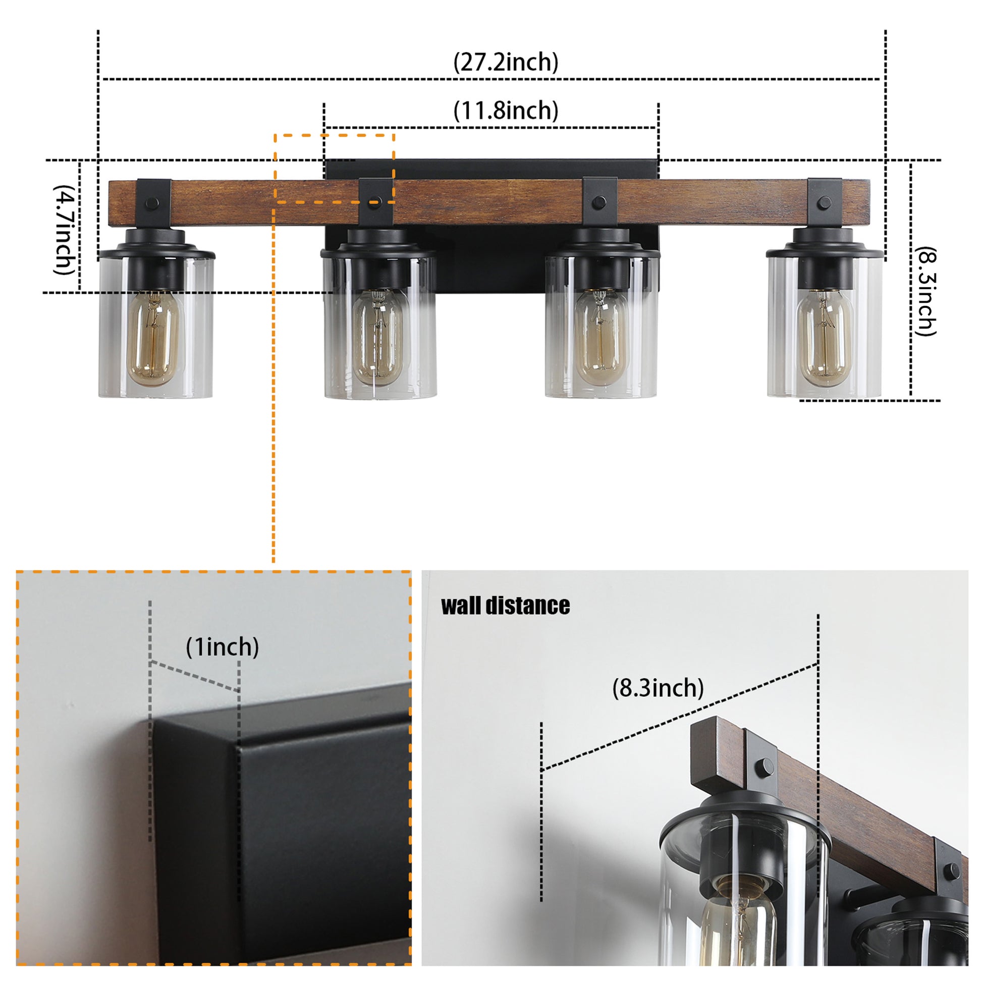 27" 4-Light Farmhouse Vanity Light with Wood Accents - view 9
