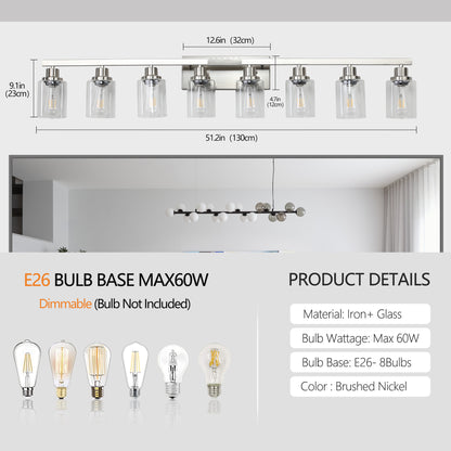 51" 8-Light Brushed Nickel Vanity Light with Clear Glass - view 8