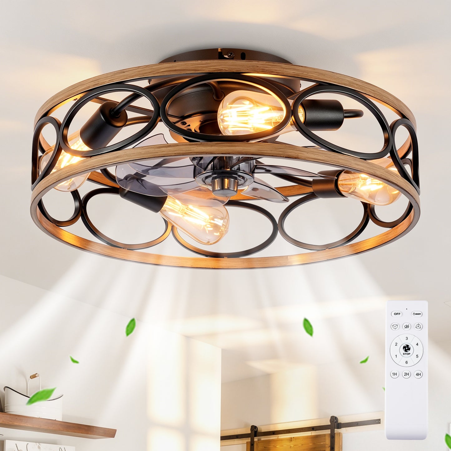 19" Matte Black Caged Ceiling Fan with Remote - view 2
