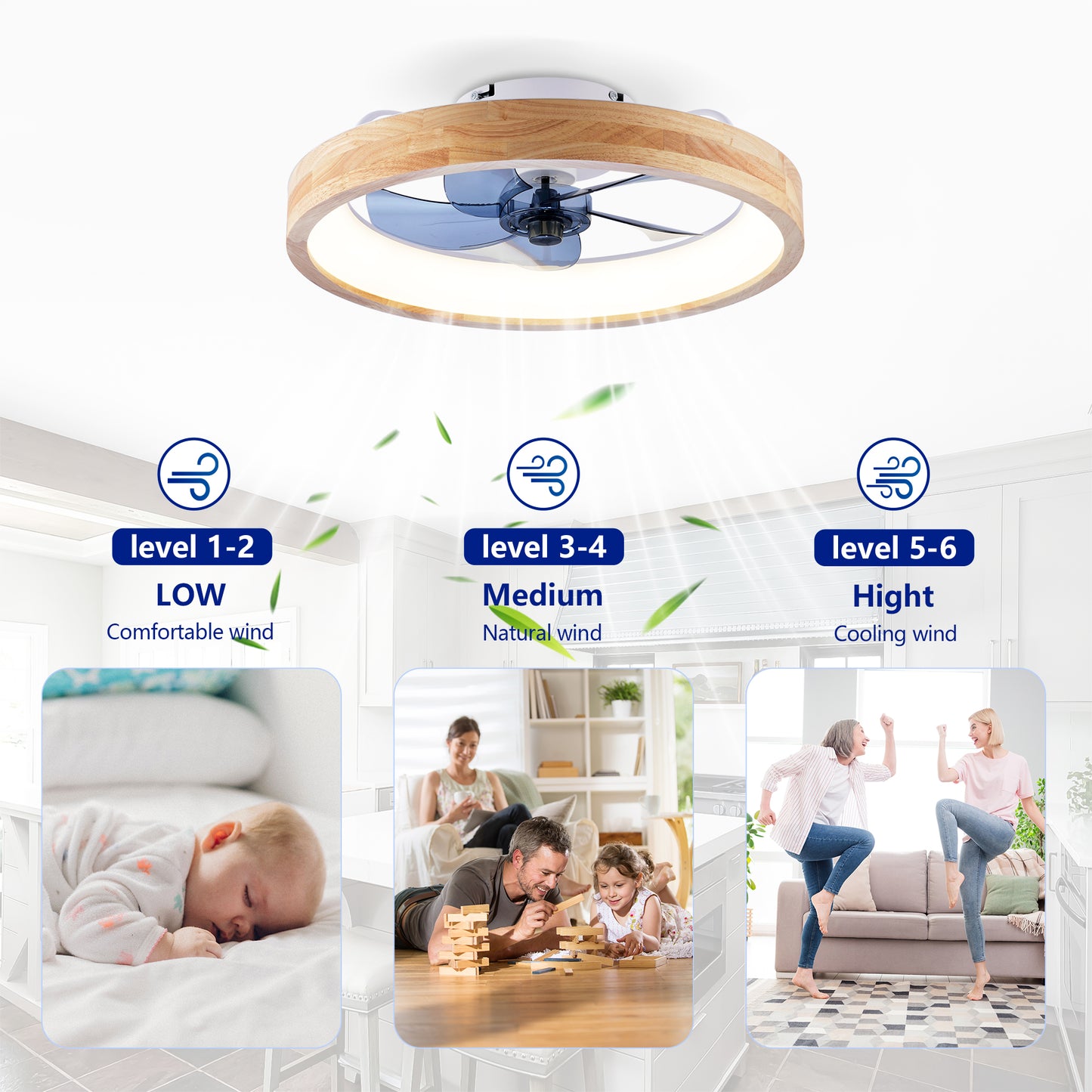 20" Wood & White Flush Mount Ceiling Fan with Dimmable LED - view 12
