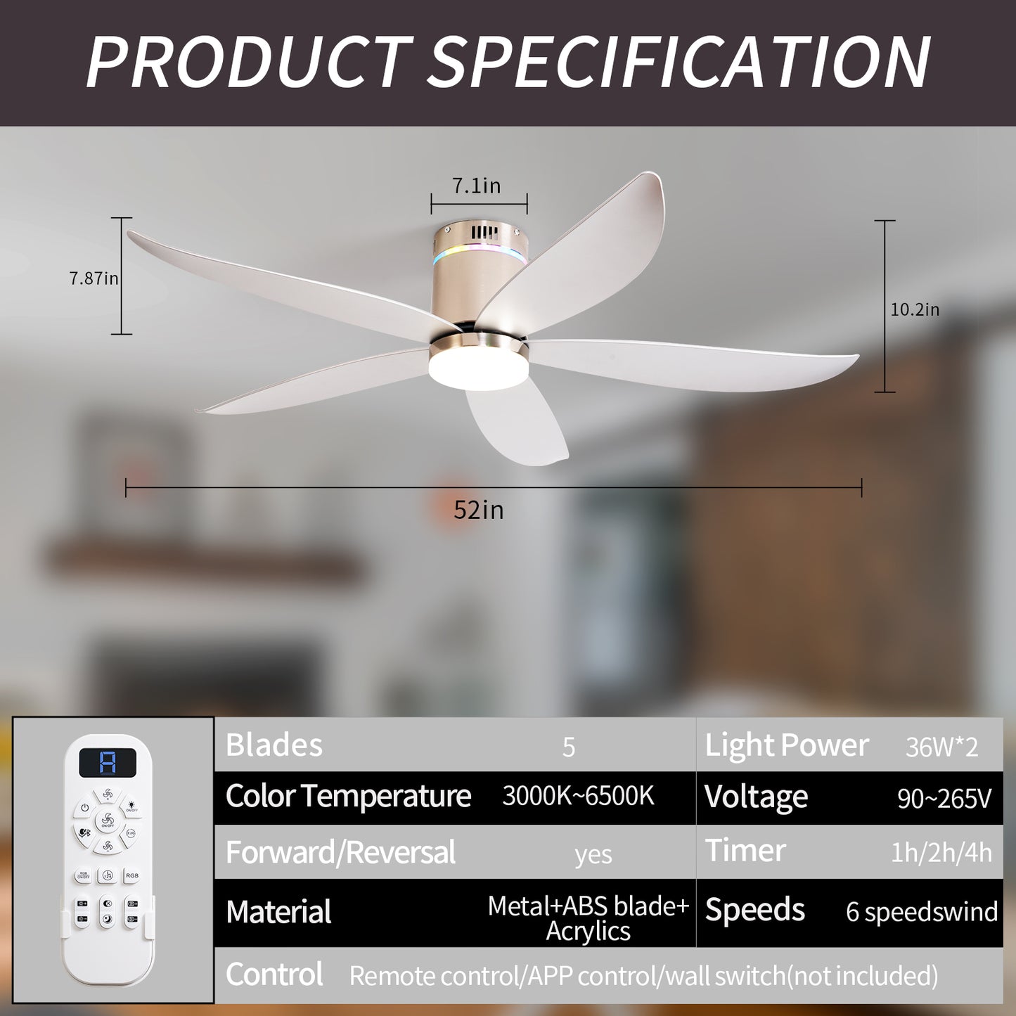 52" Silver 5-Blade Ceiling Fan with Remote - view 7