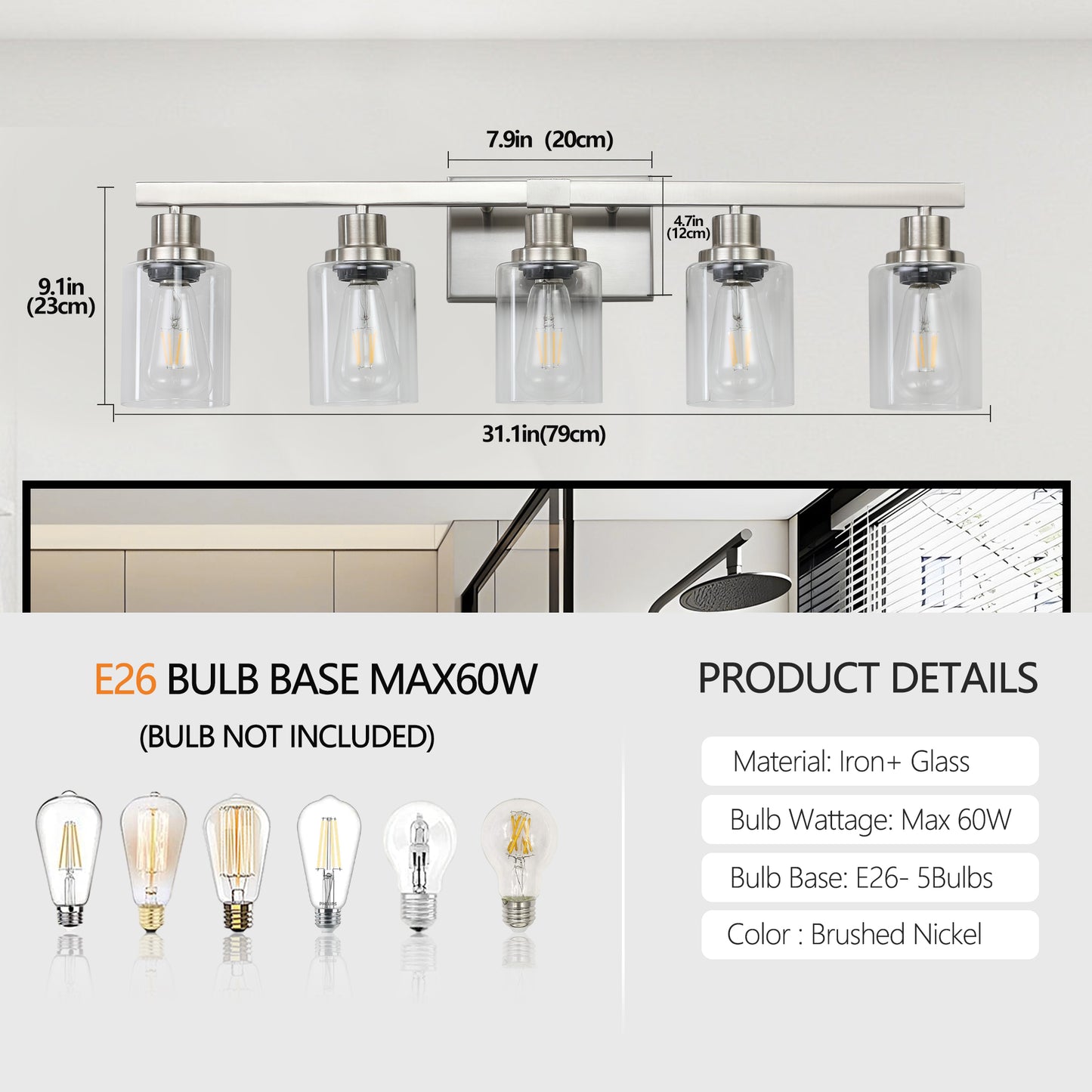 31" 5-Light Brushed Nickel Vanity Light with Clear Glass - view 9