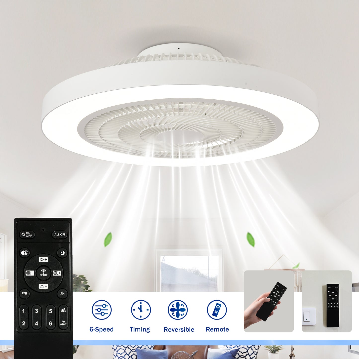 Matte White Flush Mount Ceiling Fan with Dimmable LED - view 11