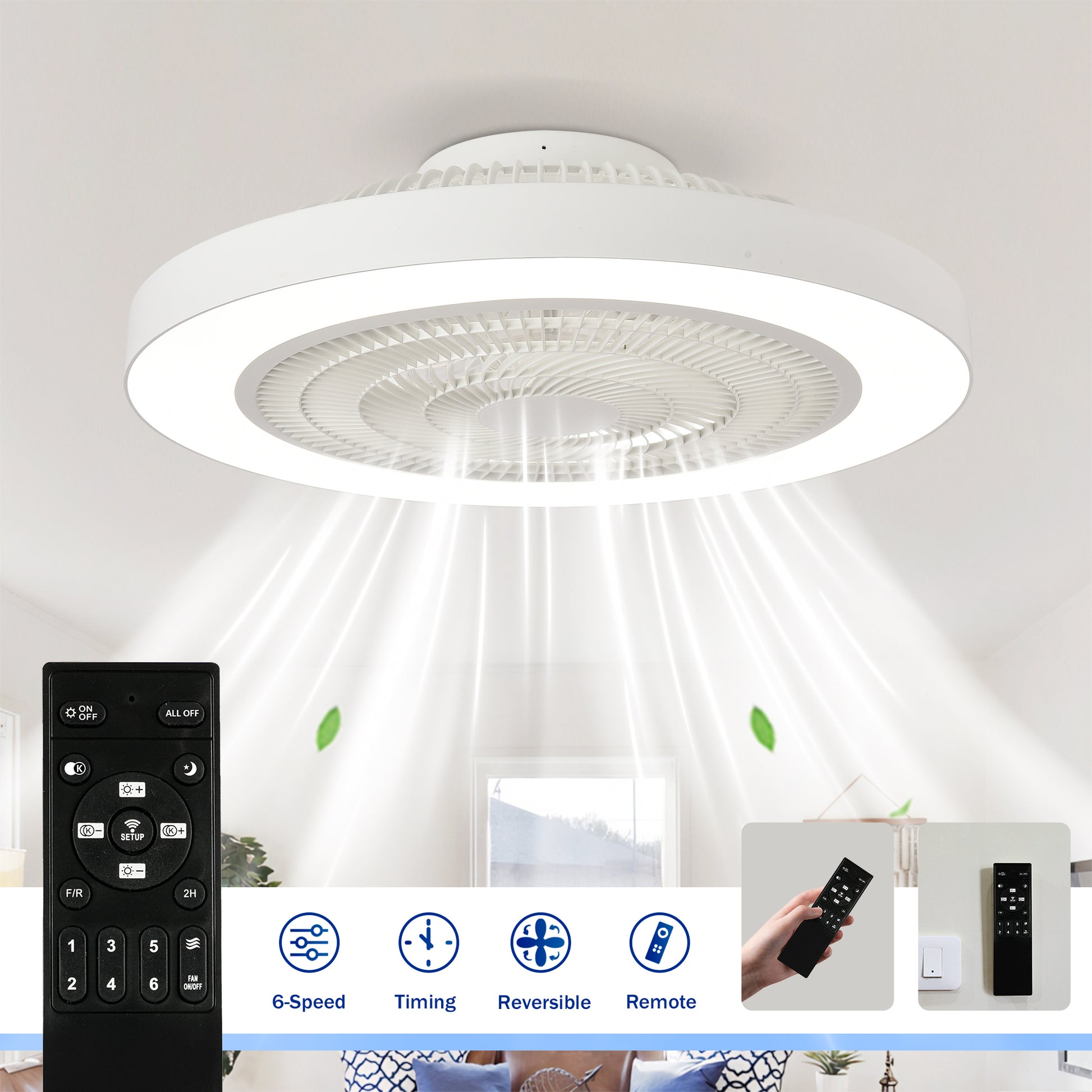 Matte White Flush Mount Ceiling Fan with Dimmable LED - view 11