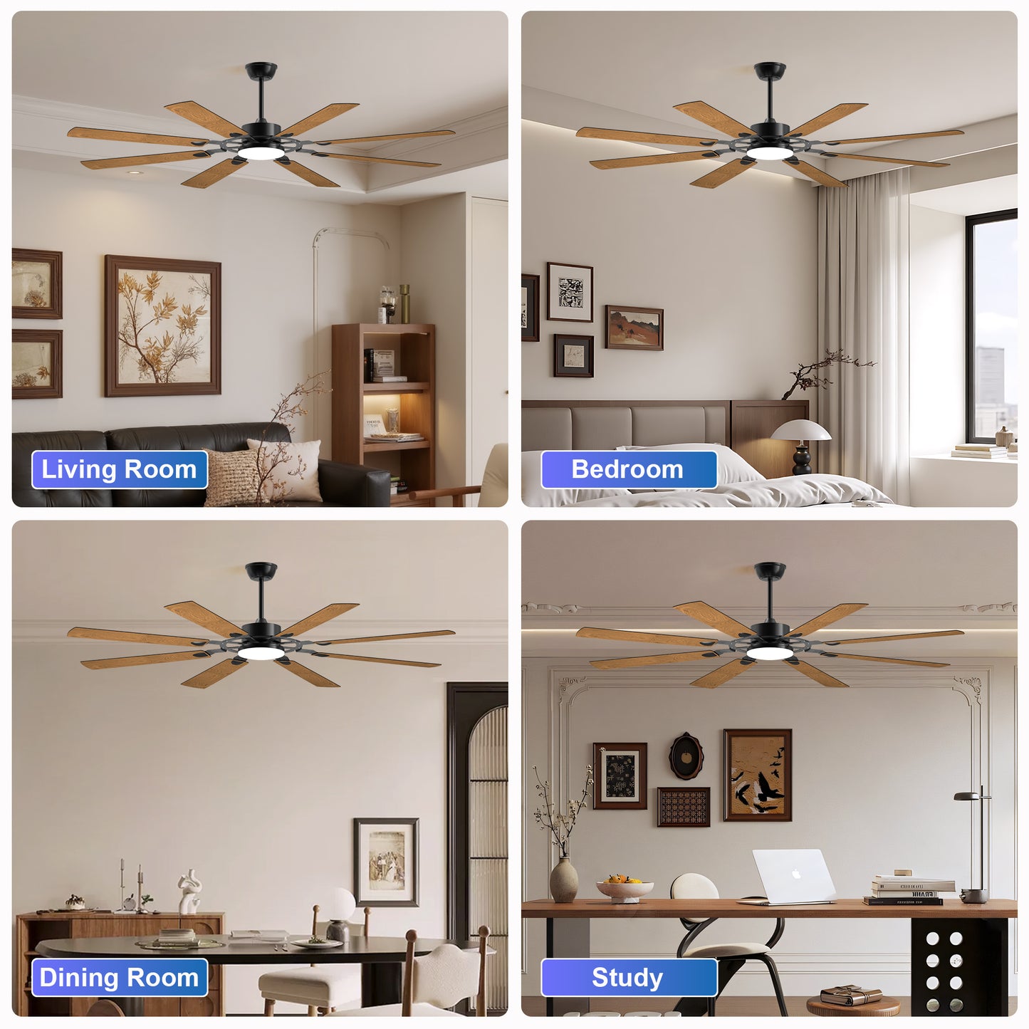 72" Black 8-Blade Indoor Outdoor Ceiling Fan - view 4