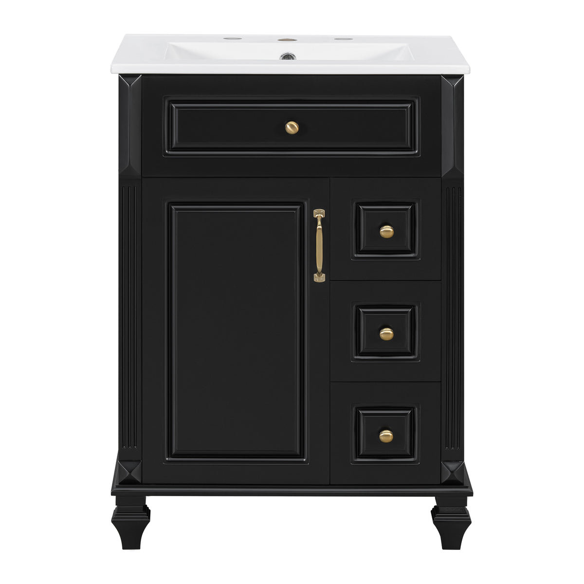 24" Black Bathroom Vanity with Sink, Flip-Out Drawer & 3 Drawers