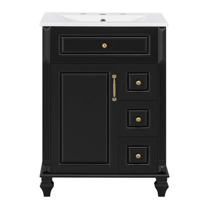 24" Black Bathroom Vanity with Sink, Flip-Out Drawer & 3 Drawers