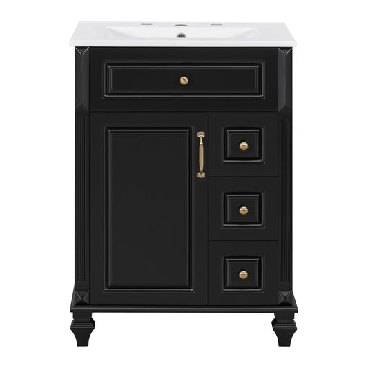 24" Black Bathroom Vanity with Sink, Flip-Out Drawer & 3 Drawers