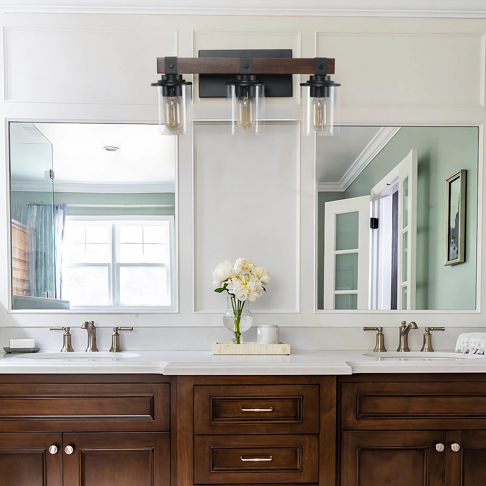 19" 3-Light Walnut Farmhouse Vanity Light with Glass Shades - view 3