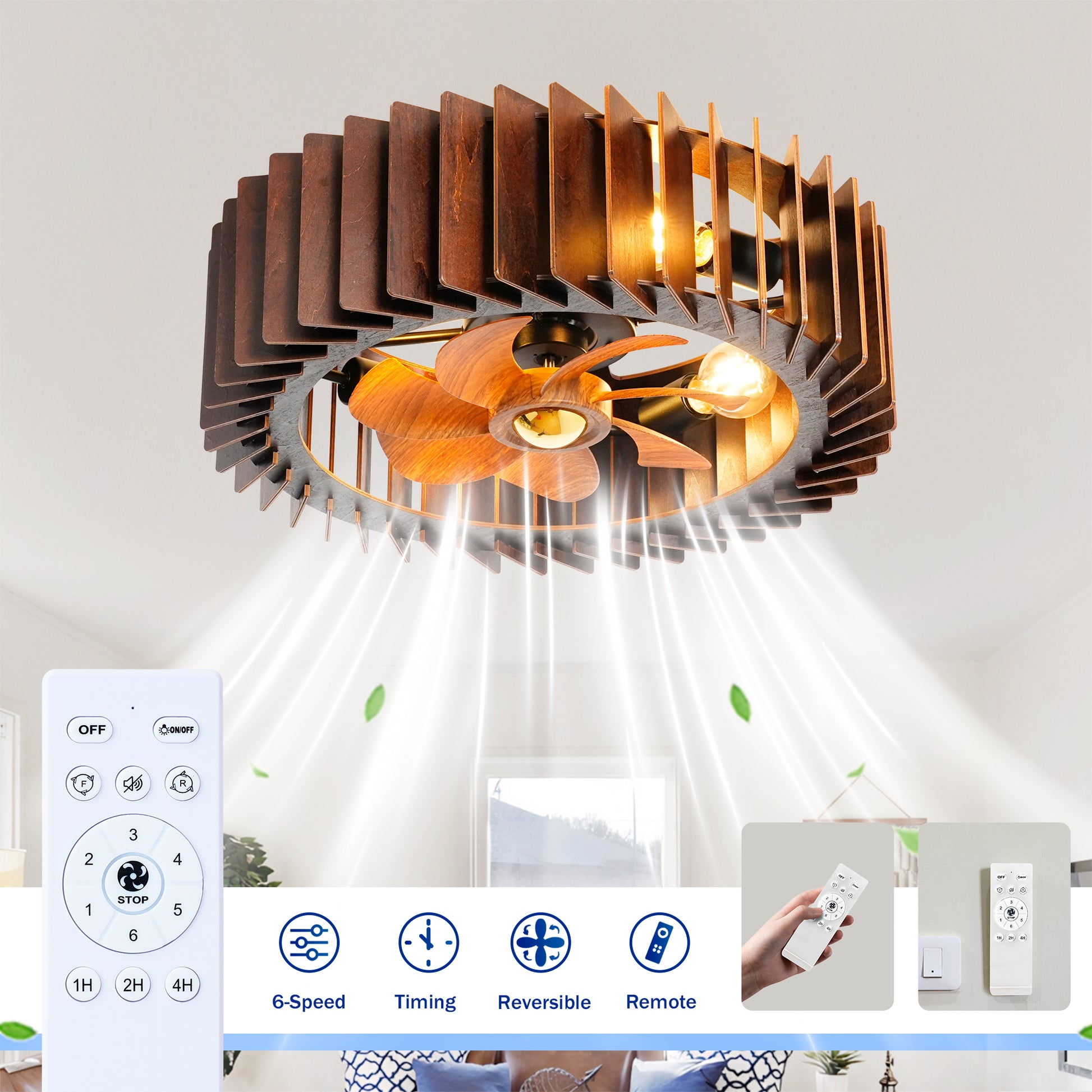 20" Walnut Flush Mount Ceiling Fan with Remote - view 12