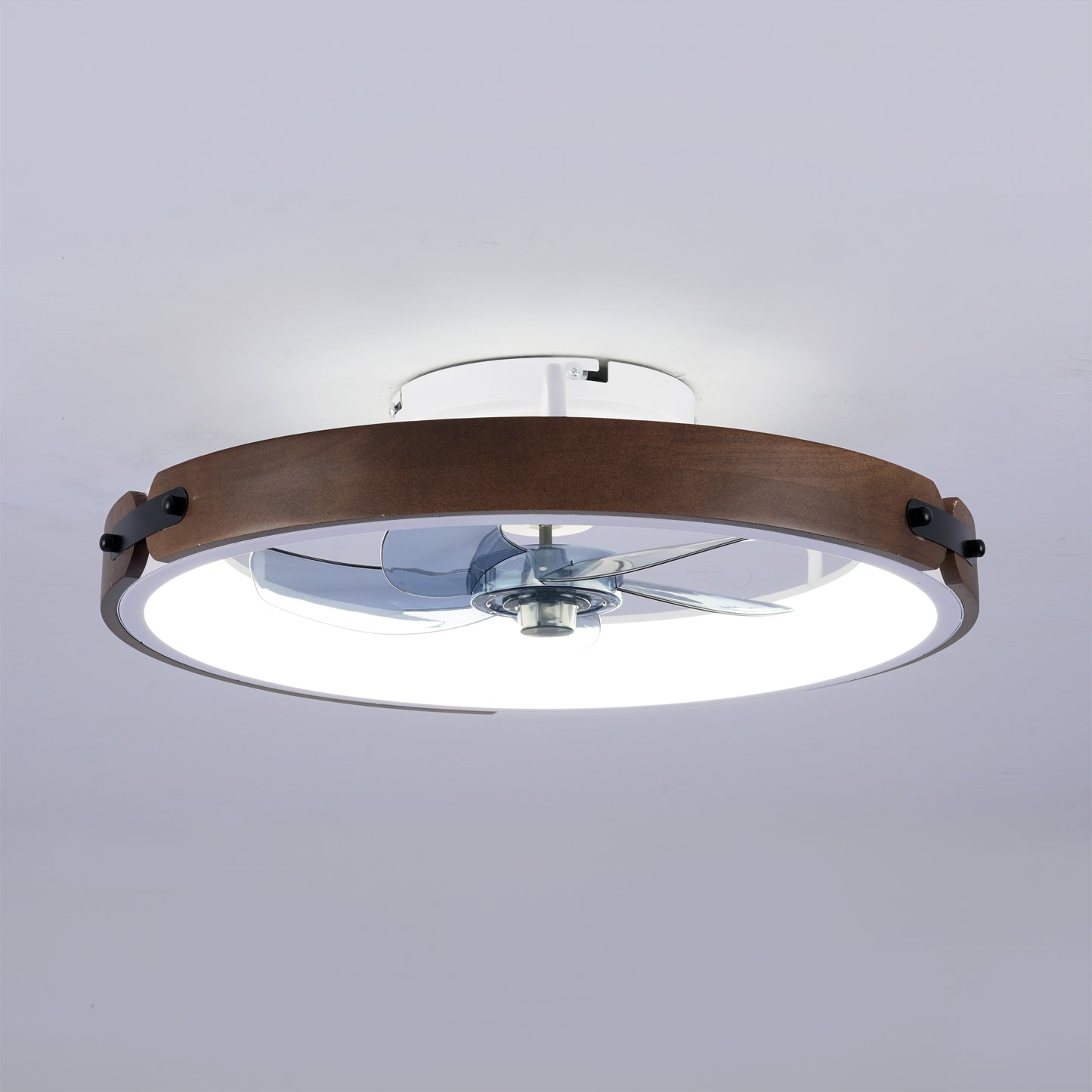 20" Walnut & Black Flush Mount Ceiling Fan with Dimmable LED - view 16