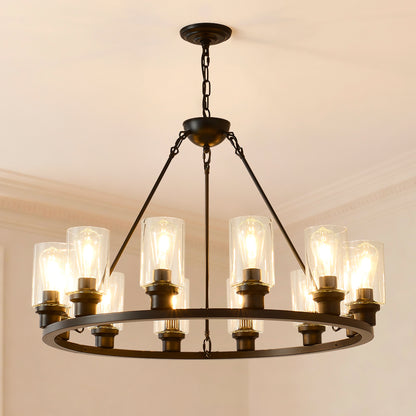 34.5" Black Wagon Wheel Farmhouse Chandelier, 12-Light