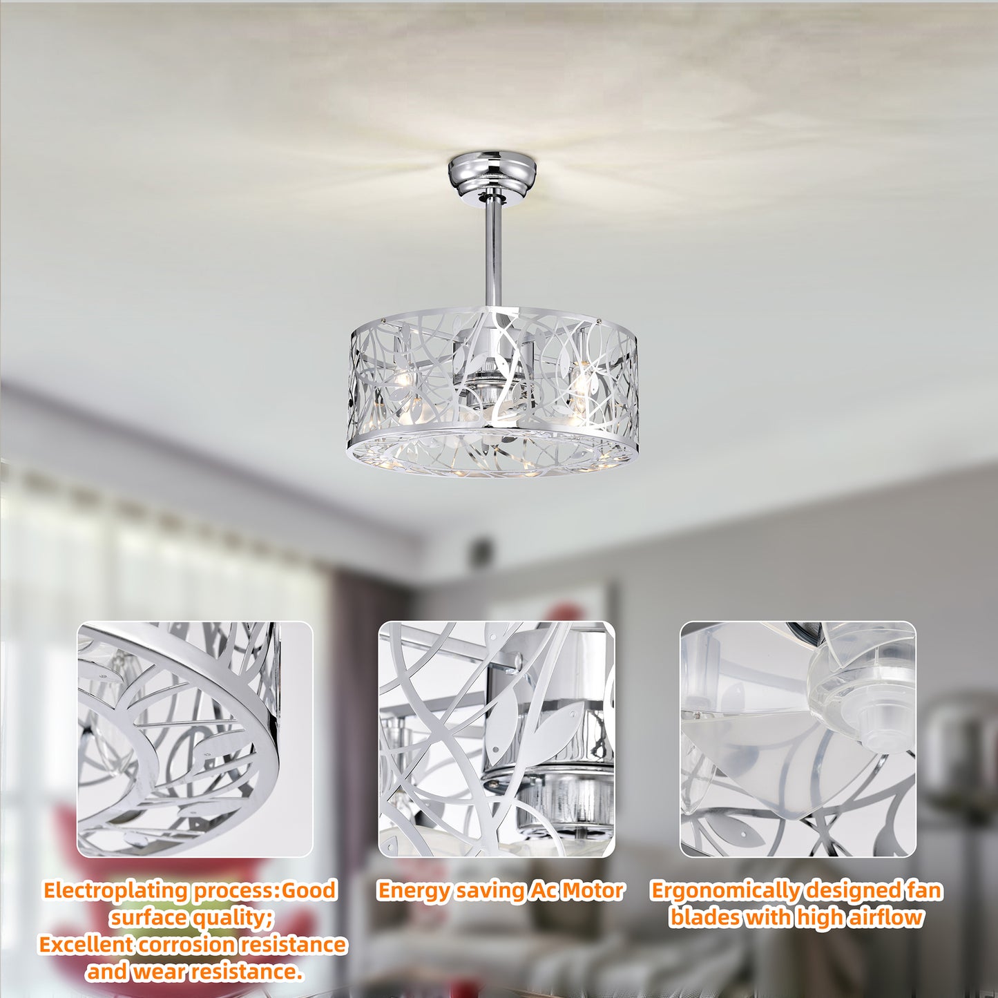 18" Chrome Caged Industrial 5-Blade Ceiling Fan - view 5
