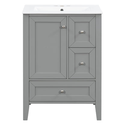 24" Gray Bathroom Vanity with Sink, 2 Drawers & Bottom Drawer