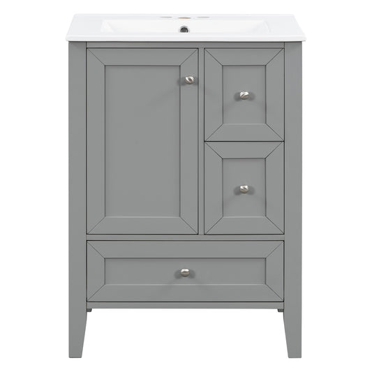 24" Gray Bathroom Vanity with Sink, 2 Drawers & Bottom Drawer
