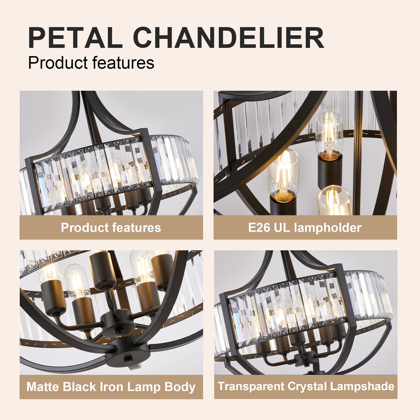20" 5-Light Black Farmhouse Crystal Chandelier - view 7