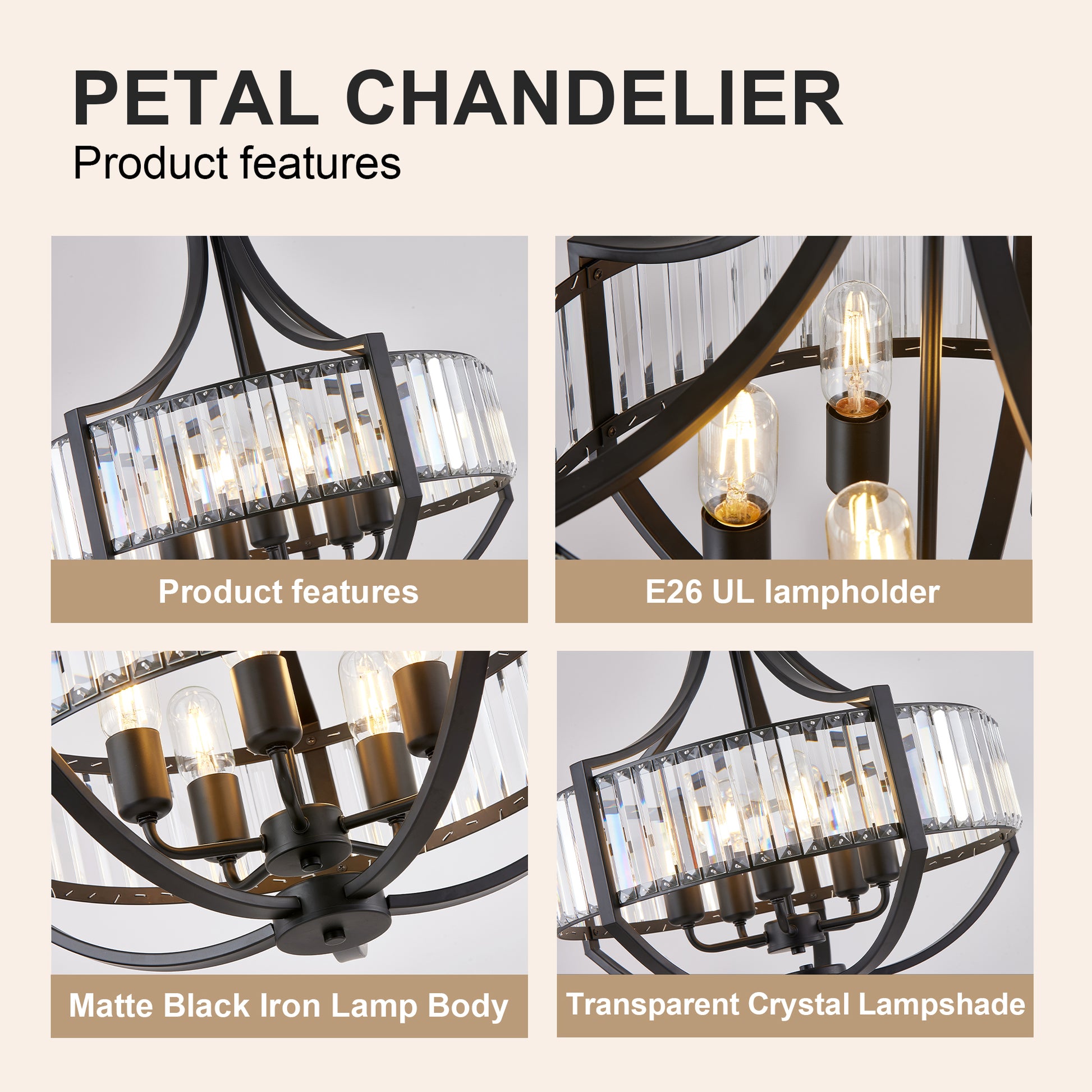 20" 5-Light Black Farmhouse Crystal Chandelier - view 7
