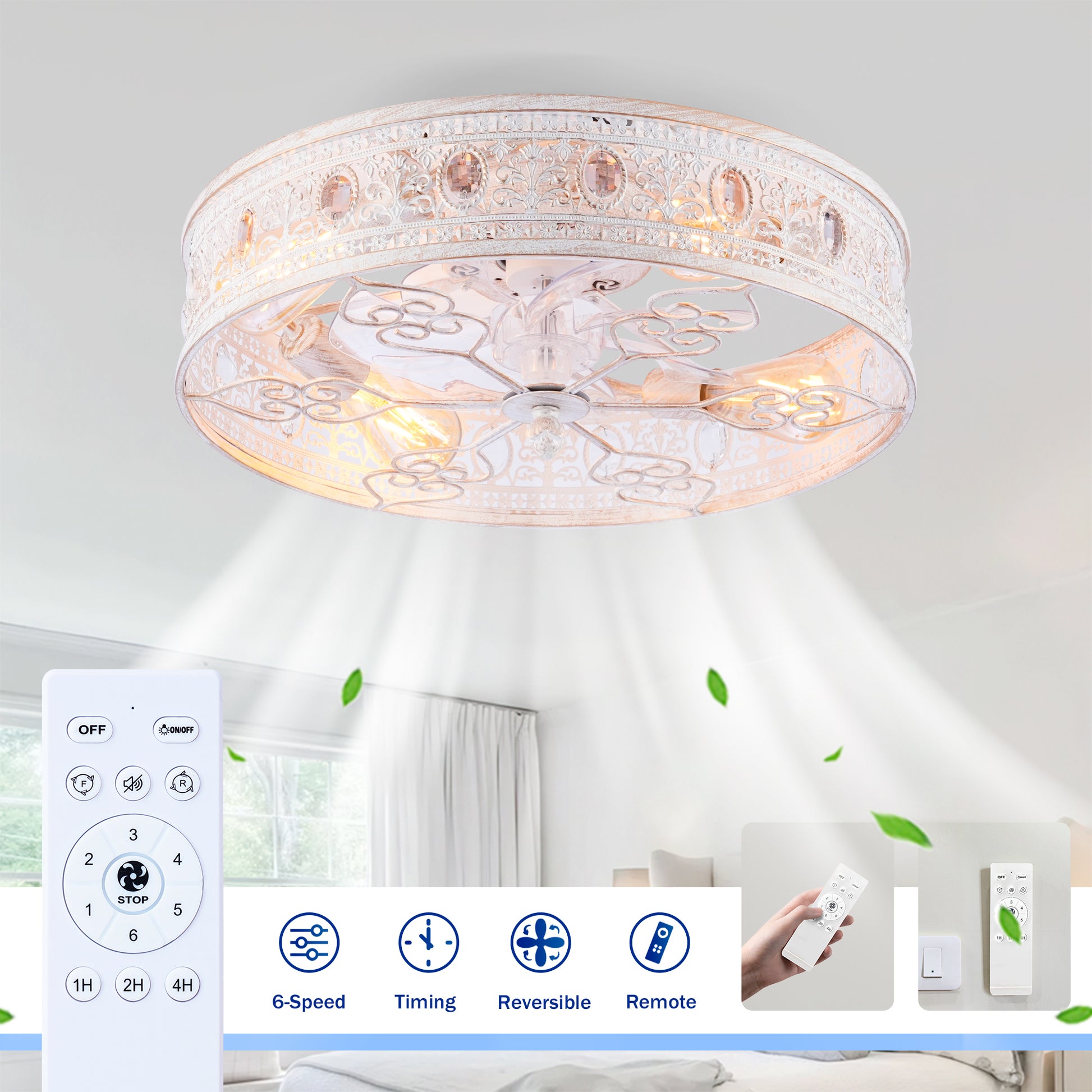 20" White & Gold Crystal Caged Ceiling Fan with Remote - view 9