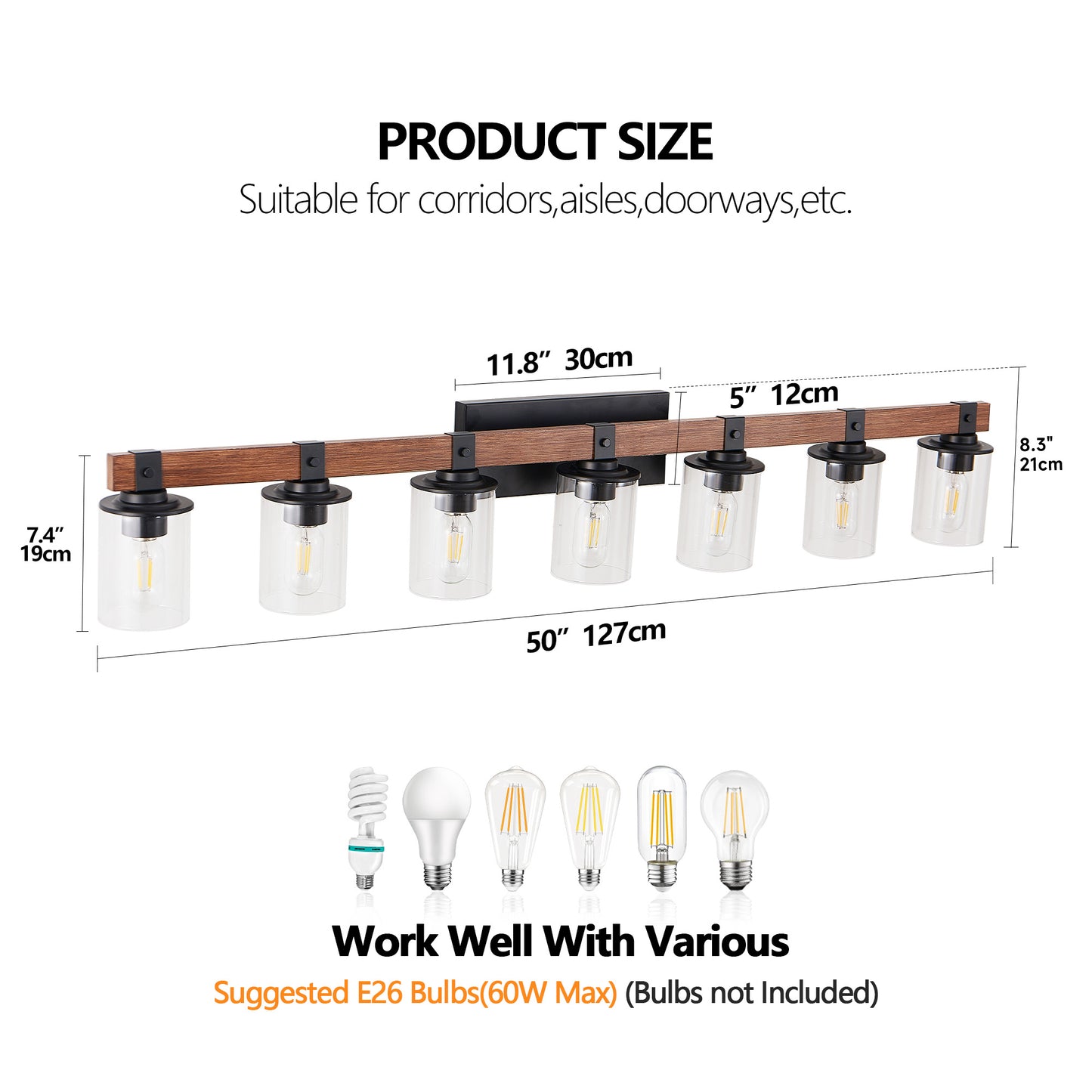 50" 7-Light Farmhouse Vanity Light with Wood Accent - view 8
