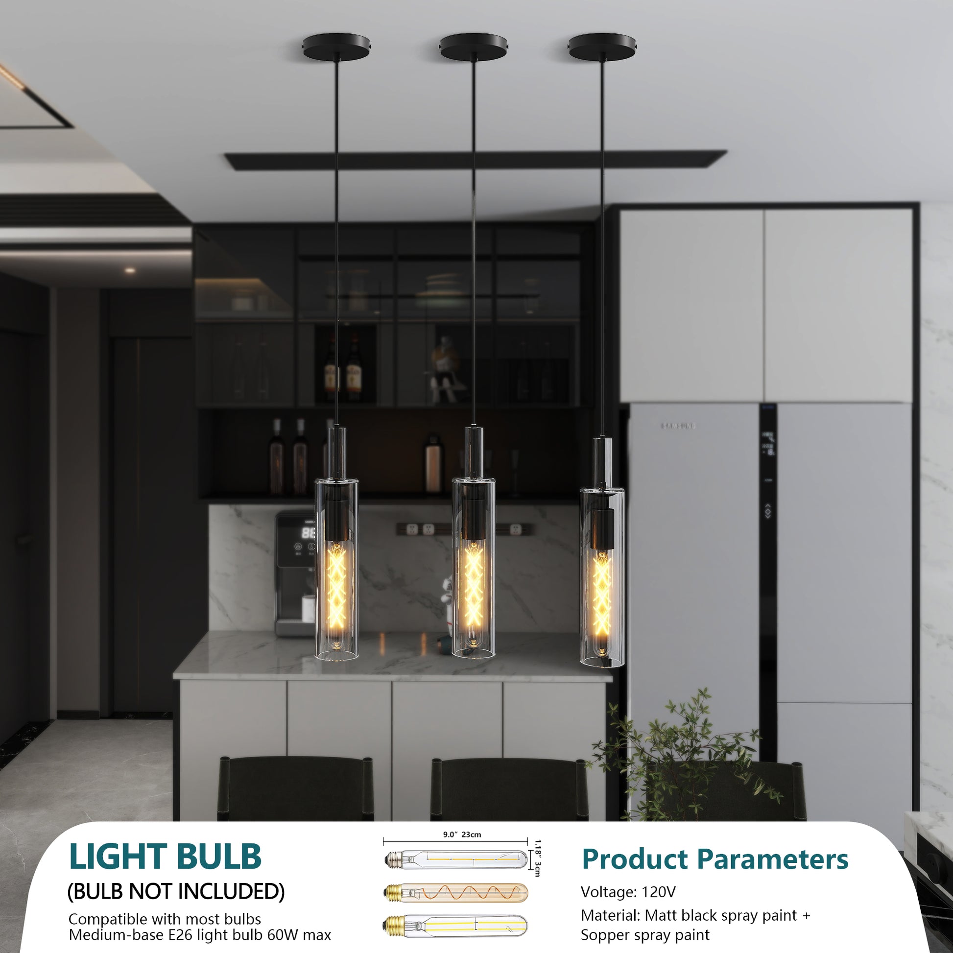 Modern Black Glass Pendant Light, Set of 3 - view 5
